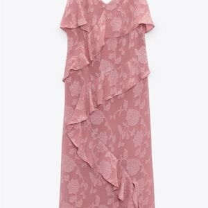 ZARA WOMAN RUFFLED JACQUARD MIDI DRESS MARSALA | XS